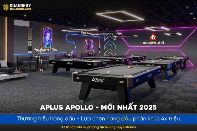 Bàn bi a phòng game cao cấp, bàn bi a Aplus Apollo mới nhất 2025, thiết kế hiện đại, hoàn thiện chuyên nghiệp, phù hợp quán game, club, giải đấu chuyên nghiệp.