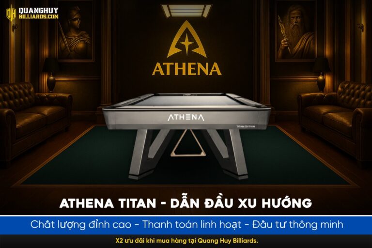 Bàn bi-a cao cấp Athena Titan Edition tại phòng chơi billiards sang trọng, thiết kế đẳng cấp, phù hợp cho các cao thủ và các sự kiện lớn.