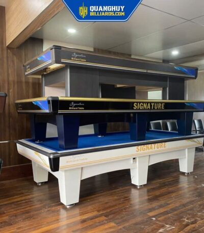 Bàn bi a cue bóng kỹ thuật cao của Quang Huy, đạt tiêu chuẩn sản xuất, phân phối và lắp đặt chuyên nghiệp, phù hợp cho quán chơi bi a cao cấp.